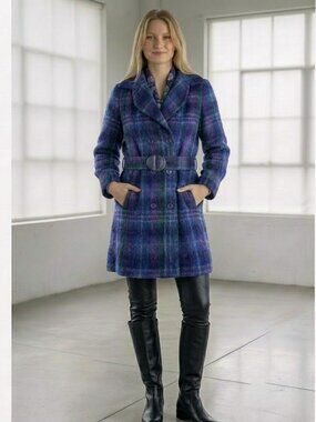 D'Allairds Mohair Wool Blue Purple Belted Vintage Coat Jacket Tartan Women's 10